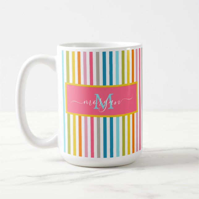 Summer Rainbow Stripes Monogram Script Coffee Mug (Left)