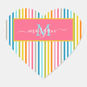 Summer Rainbow Stripes Monogram Script Heart Sticker