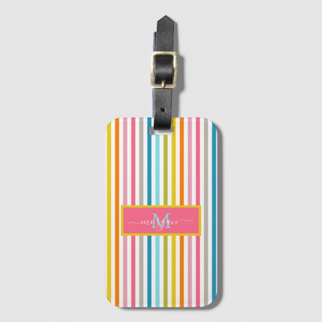 Summer Rainbow Stripes Monogram Script Luggage Tag (Front Vertical)