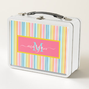 Summer Rainbow Stripes Monogram Script Metal Lunch Box