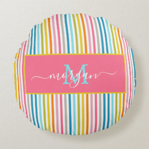 Summer Rainbow Stripes Monogram Script Round Pillow