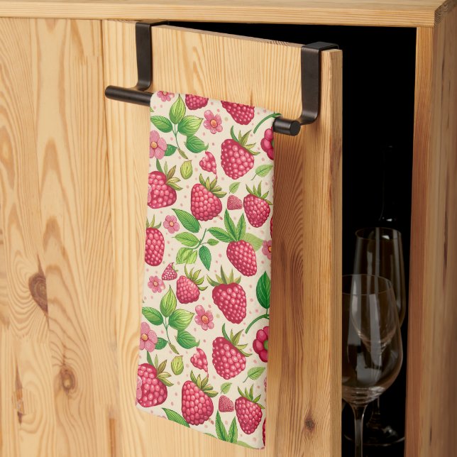 Summer Raspberry Garden Botanical Fruit Pattern Kitchen Towel (Thirds Fold)