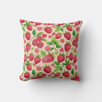 Summer Raspberry Garden Botanical Fruit Pattern Throw Pillow