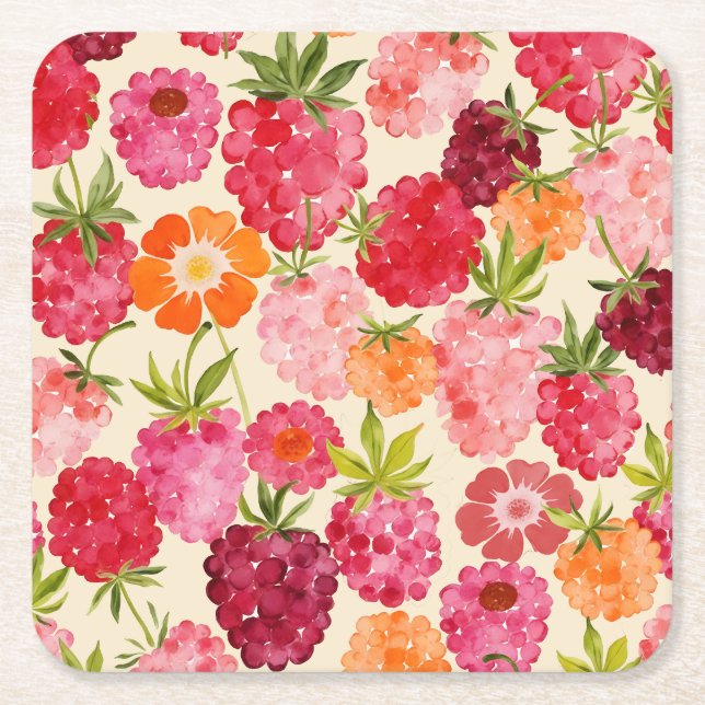Summer Raspberry Watercolor Coquette Square Paper Coaster (Front)