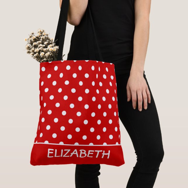 Summer Red and White Polka Dot Personalized Tote Bag (Close Up)
