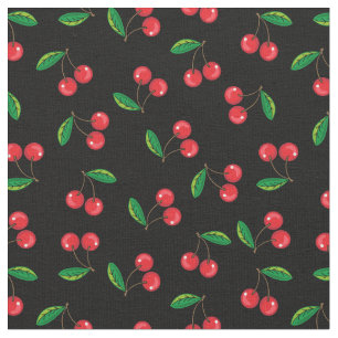 Summer Red Cherries on Black Pattern Fabric