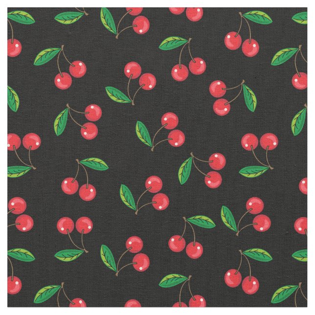 Summer Red Cherries on Black Pattern Fabric (Close Up)