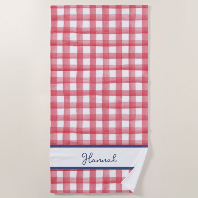 Summer Red Gingham, Chequered July 4th Beach Towel (Front)