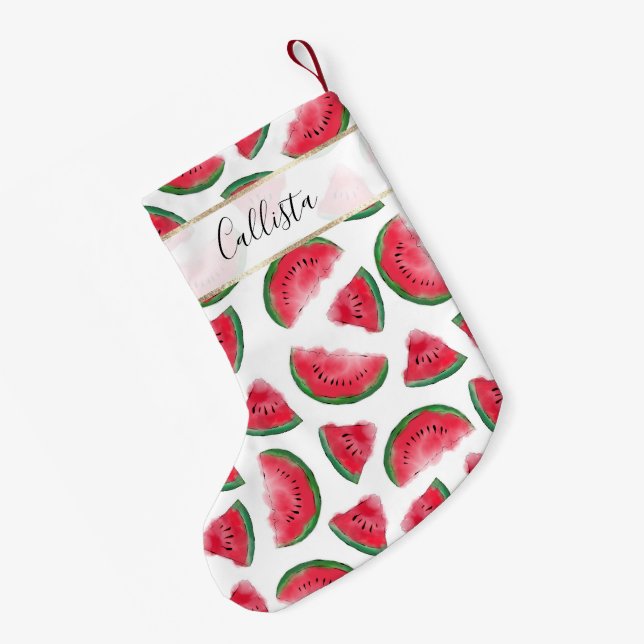 Summer Red Green Watermelon Watercolor Pattern Small Christmas Stocking (Back (Hanging))