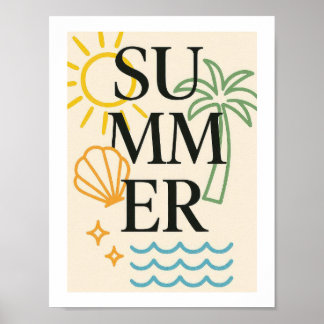 Summer Retro Beach Typography Coastal Palm Tree Poster