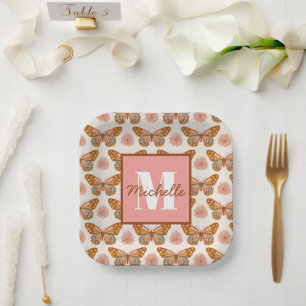 Summer Retro Butterfly   Monogram Paper Plates
