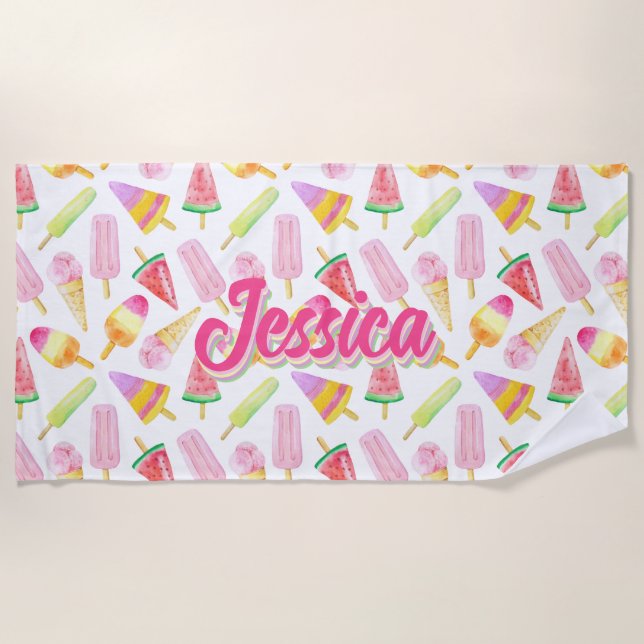 Summer Retro Pastel Ice cream Pattern Personalized Beach Towel (Front)