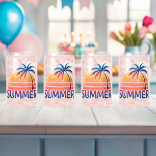 Summer retro sunset palm tree can glass