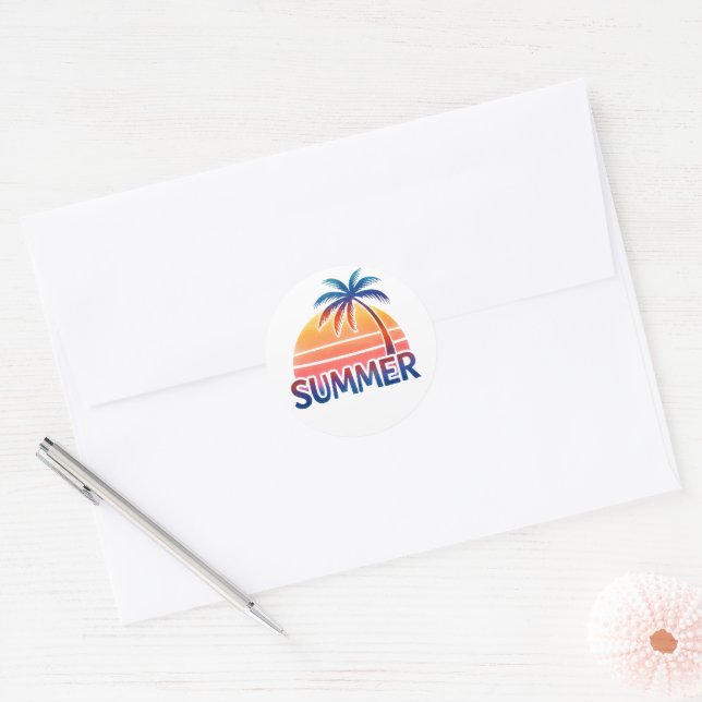 Summer retro sunset palm tree classic round sticker (Envelope)