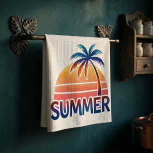 Summer retro sunset palm tree kitchen towel