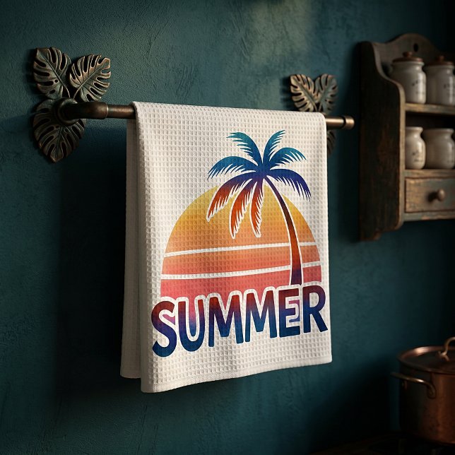 Summer retro sunset palm tree kitchen towel (Creator Uploaded)
