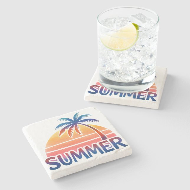 Summer retro sunset palm tree stone coaster (Side)