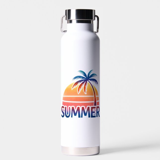Summer retro sunset palm tree water bottle (Front)