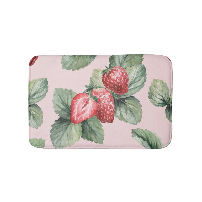 Summer Ripe Strawberries: Watercolor Pink Bath Mat (Front)