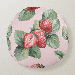 Summer Ripe Strawberries: Watercolor Pink Round Pillow