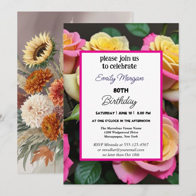 Summer Rose Garden Pink Floral 80th Birthday Invitation (Front/Back)