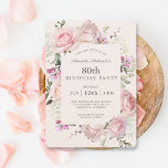 Summer Rose Garden Pink Floral 80th Birthday Party Invitation<br><div class="desc">Celebrate an 80th birthday in lovely style with this irresistible pink roses and mixed garden blooms floral birthday party invitation in pastel pink. Feminine pink roses, mixed flowers and greenery surround your text in an elegant floral frame. All of the text may be personalized for your party, including the guest...</div>