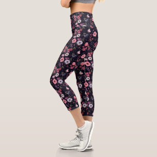 Summer Rose Pattern On Black Capri Leggings