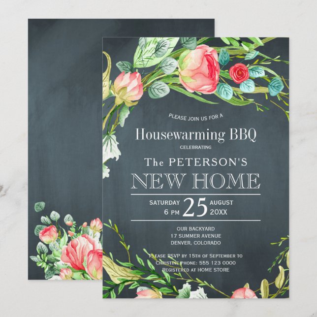Summer roses garden rustic new home bbq invitation (Front/Back)