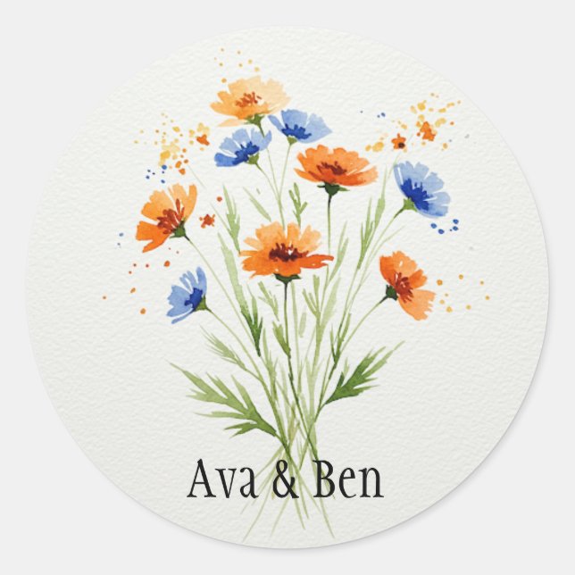 Summer’s Embrace Wildflower Wedding Classic Round Sticker (Front)
