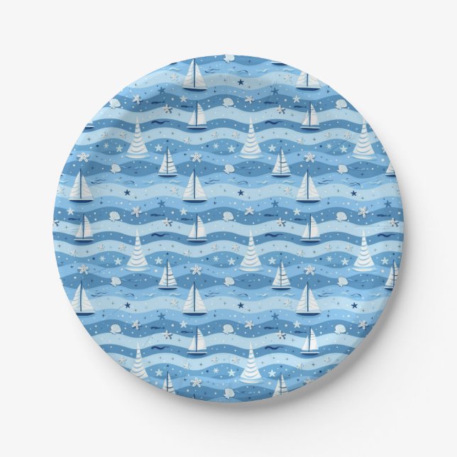 Summer Sailboats Beach Pool Party Paper Plates (Front)