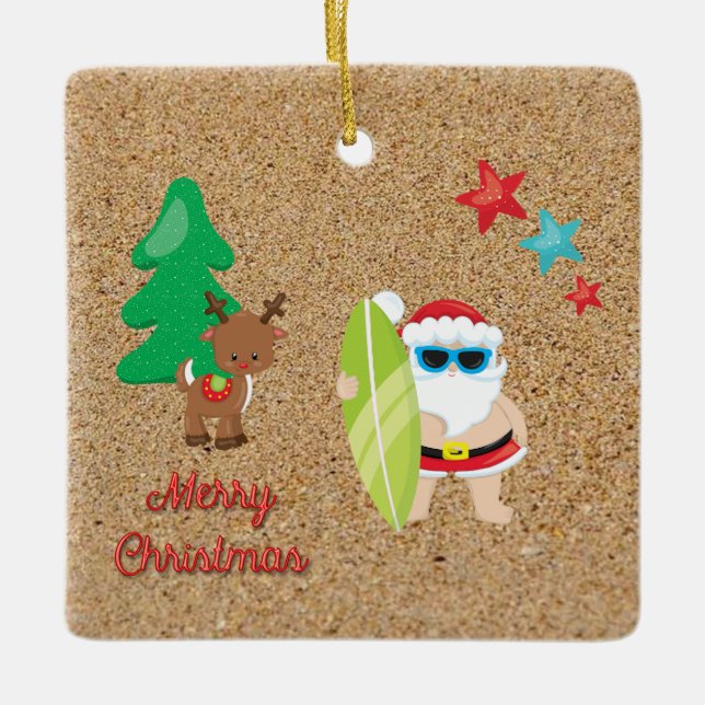 Summer Santa Christmas Holiday Custom Text Ceramic Ornament (Front)