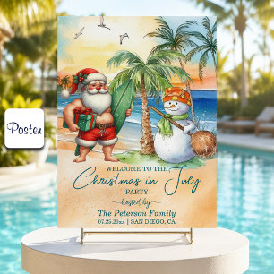 Summer Santa & Snowman Christmas in July Welcome Poster