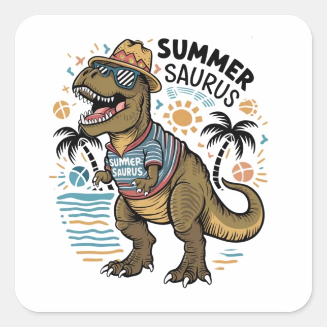 Summer Saurus T-Rex Svg, Dinosaur Svg,  Square Sticker (Front)
