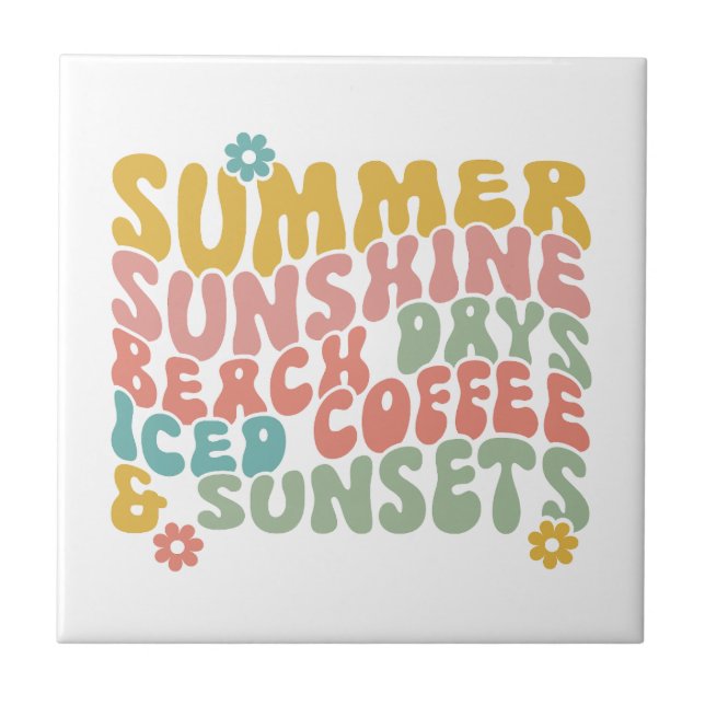 Summer Saying Retro Beach Iced Coffee Sunsets Tile (Front)