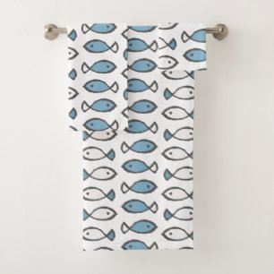 Summer Sea Blue White Fishes Pattern Bath Towel Set
