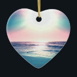 Summer Sea Sunset Tropical Beach Photo Ceramic Ornament<br><div class="desc">Beautiful tropical beach seascape colourful sunset sea view photo, featuring an amazing iridescent rainbow colours sunset over the sea, blue ocean calm waves, shining bluish beach sand and a big bright glowing white sun, projecting a blend of pink, teal, blue, green yellow pastel colours horizon coast. This unique tropical paradise...</div>