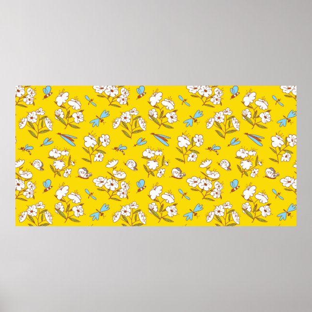 Summer seamless pattern with blossoming plants and poster (Front)