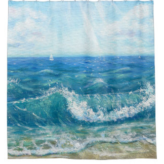 Summer seascape, blue waves, acrylic painting.