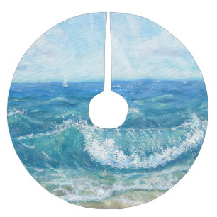 Summer seascape, blue waves, acrylic painting. brushed polyester tree skirt