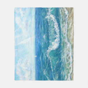 Summer seascape, blue waves, acrylic painting. fleece blanket