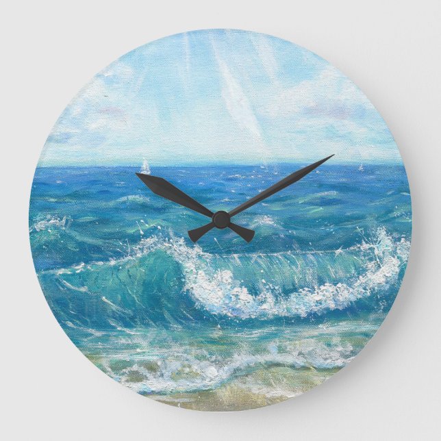 Summer seascape, blue waves, acrylic painting. large clock (Front)