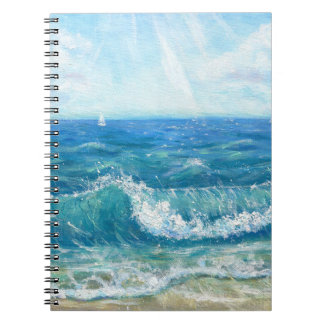 Summer seascape, blue waves, acrylic painting. notebook