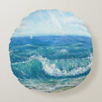 Summer seascape, blue waves, acrylic painting. round pillow