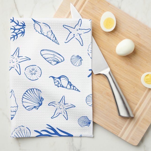 Summer Seashells Frame Beach Wedding Blue  Kitchen Towel (Quarter Fold)