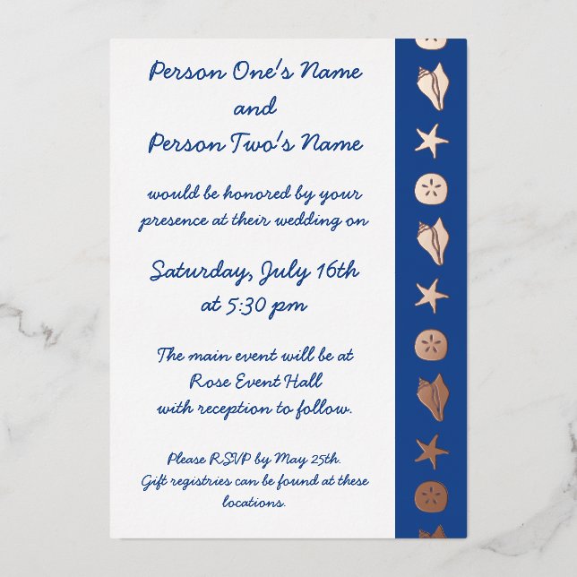 Summer Seashells in Blue Foil Invitation (Front)