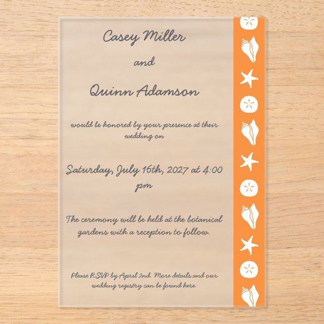 Summer Seashells in Orange Acrylic Wedding  Invitations (Front)