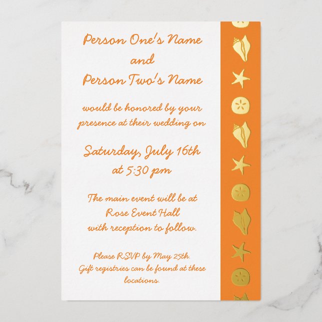 Summer Seashells in Orange Foil Invitation (Front)