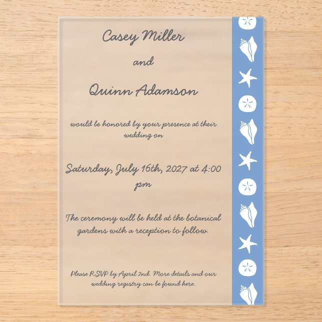 Summer Seashells in Periwinkle Acrylic Wedding  Invitations (Front)