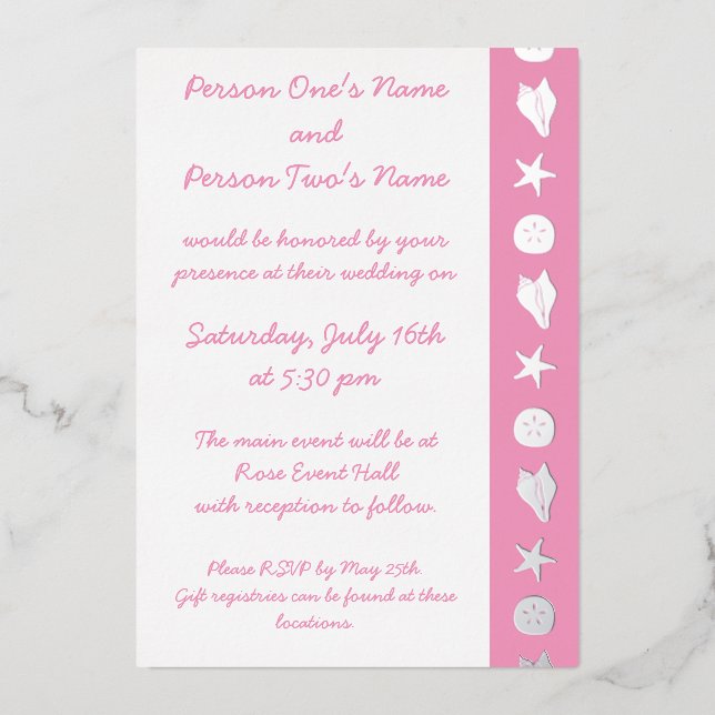 Summer Seashells in Petal Pink Foil Invitation (Front)