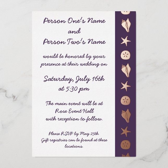 Summer Seashells in Purple Foil Invitation (Front)